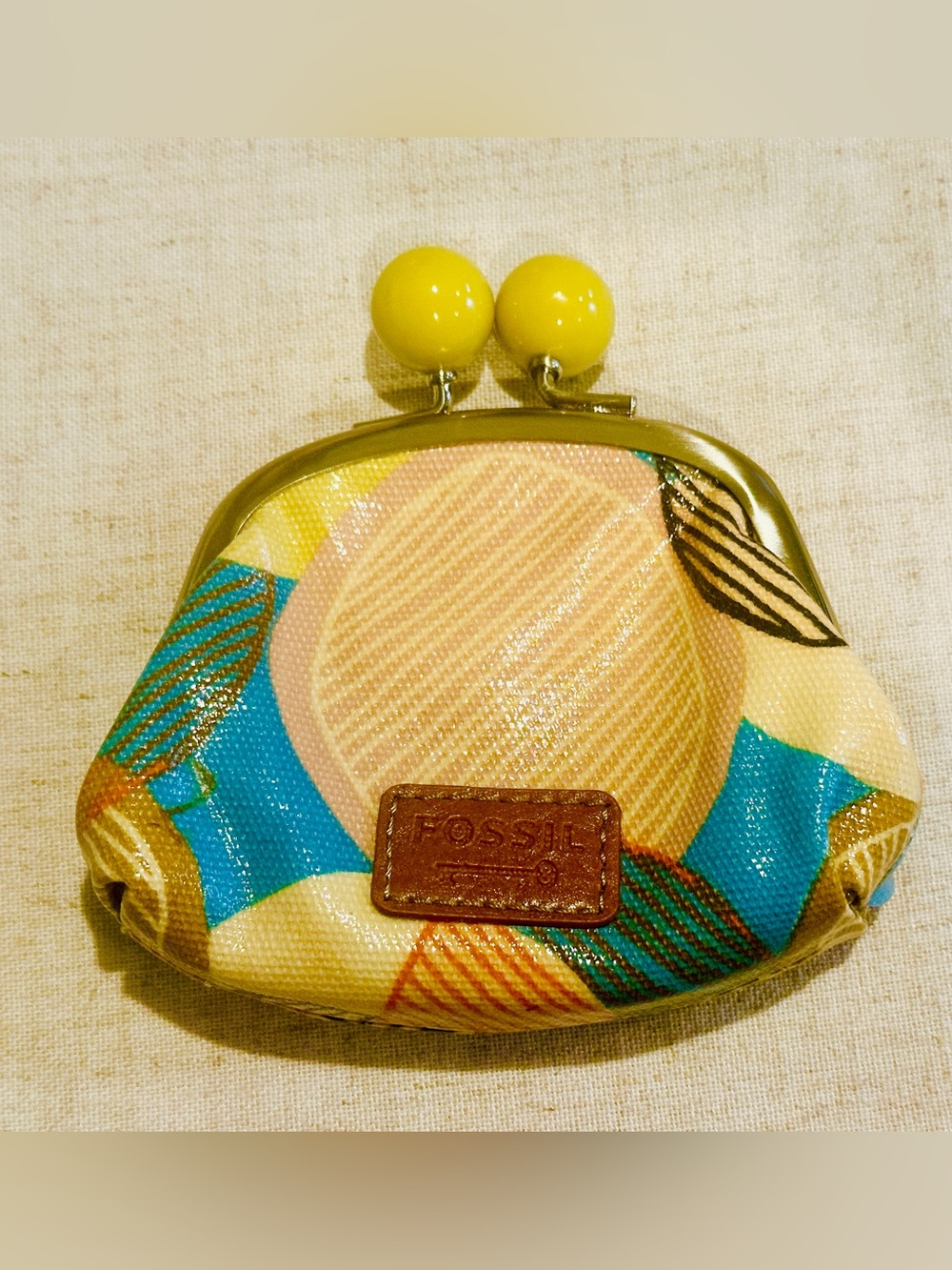Vintage Fossil Key-Per Kisslock Coin Purse Retro Multi-Color Canvas Brand New